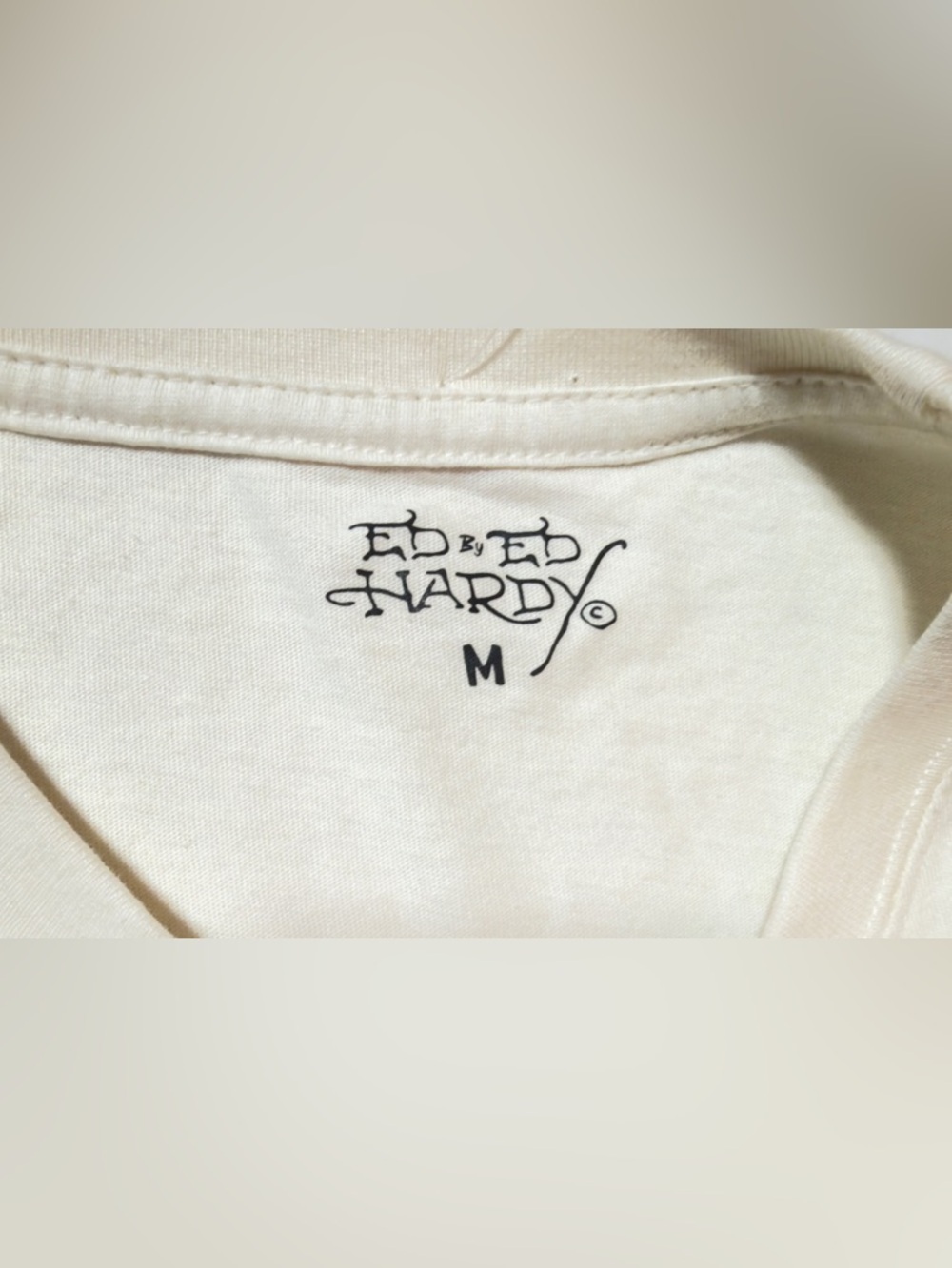 Ed Hardy Cream Tee with Red Heart and Gold Banner Graphic